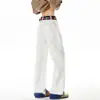 Jeans blancos con estampado de serpiente y dobladillo enrollado para hombre, pantalones con vibra de la alta calle americana, diseño de nicho, pantalones de pierna recta ligeramente acampanados