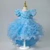 Nuevo Vestido Infantil 2025 Rosa Aplique Tridimensional Vestido de Princesa Vestido de Pastel con Cola de Lazo Infantil
