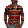 Camisa Estampada Masculina Retrô Boêmia Primavera Manga Longa Lapela 2025 Verão Tecido Leve Moda