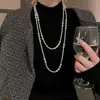 Colar de Pérolas Brancas Transfronteiriço Europeu e Americano para Mulheres, Corrente de Suéter Exagerada da Moda, Colar em Camadas de Luxo Leve de Alta Qualidade