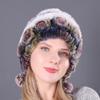 Cálido Gorro Grueso con Protección para las Orejas de Piel de Conejo Rex Tres Pompones Otoño e Invierno Gorro Redondo Tejido Sombrero de Lana para Mujer