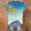 Camiseta feminina de manga curta com decote em V, estampas vibrantes de jasmim de inverno e borboletas, impressão digital 3D, personalizada