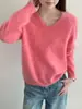 Suéter de Tricô com Gola V, Tecido Macio, Peso Pesado, Escovado, Fio 28, Seda de Amora e Caxemira para Mulheres, Outono/Inverno 26 Sweater Escovado
