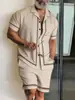 Moda Transfronteriza Temu Casual para Hombre Nuevo Conjunto de Dos Piezas Camisa de Manga Corta con Cuello Campana Estampado 3D y Pantalones Cortos Cómodo