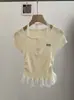 Playera de Punto de Manga Corta con Cuello Halter y Encaje para Mujer, Diseño de Verano 2025, Top Delgado y Versátil