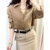 Camisa de lino suelta estilo francés old money con cuello polo para mujer, top casual y relajado de manga larga para otoño