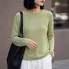 Nuevo Estilo de Principios de Otoño Tejido Sin Costuras de Tencel para Mujer, Suéter de Manga Larga con Cuello Redondo y Borde Enrollado, Camiseta Básica Simple