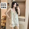 Pijama de Algodón Nube para Mujer Verano Dulce Estilo Princesa con Cinturón y Almohadilla en el Pecho Pantalones Cortos de Tirantes Finos Casual para Casa