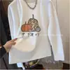 Camiseta de Manga Larga con Estampado de Dibujos Animados y Acabado Lijado Estilo Coreano para Mujer, Nueva, Otoño e Invierno, Cuello Redondo, Holgada, Base para Tallas Pequeñas