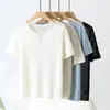 Camiseta Base Adelgazante de Manga Corta con Escote en V Reversible de Punto de Lino Lyocell Calado Nuevo Estilo Verano 2026 para Mujer