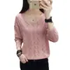 Camisa Delgada Calada 2023 Primavera y Otoño Nueva Coreana Holgada Cuello en V Suéter Pulóver para Mujer Color Sólido Camisa Base de Punto