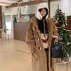Casaco Outwear Feminino 2025 Outono/Inverno com Botões de Chifre Longo, Imitação de Lã de Cordeiro, Estilo Preppy de Caxemira, Quente, com Capuz, Tendência