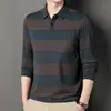 Artículo popular de TikTok: Camiseta de manga larga para hombres de mediana edad, nuevo estilo de otoño, con cuello, a rayas, con bolsillos reales, prenda para hombre