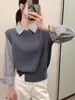 Nuevo suéter de punto para mujer estilo coreano, dos piezas falsas con dobladillo a rayas y diseño abotonado, top de punto simple y elegante para mujer