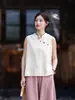 26 Novo Colete de Verão em Algodão e Linho Color-Blocking Sem Mangas com Gola Abotoada, Elegante Blusa de Gola Alta, Top Versátil Artístico Estilo Chinês para Mulheres