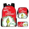 Monstro de Cabelo Verde Grinch Mochila Escolar Grinch Transfronteiriça Nova Mochila Escolar Mochila Cartoon Conjunto de Três Peças Bolsa Lateral Estojo