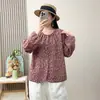 Camisas Femininas Estampadas da Moda, Tops Estilo Primavera com Manga Lanterna, Novas Camisas Florais de Gola Redonda, Corte Solto que Cobre a Barriga, Atacado