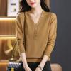Camiseta de Manga Larga con Temperamento para Mujer Top de Punto Corto con Cuello en V 2024 Otoño e Invierno Nuevo Estilo Camisa Básica de Encaje Camisa de Madre