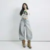 Calça Jeans Reta Wide Leg Solta de Cintura Alta Lavada Estilo Retrô Americano Outono 2026 Versátil com Caimento Rasgada Desgastada