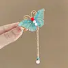 Exquisita Horquilla Estilo Chino de Mariposa Azul y Libélula con Borlas Tradicionales de Perlas Esmaltadas, Pinza para el Cabello Estilo de Corte