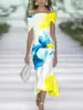 2026 Novo Estilo Transfronteiriço Padrão Floral Elementos 3D Estampa Digital Elegante Vestido Curto de Manga Curta de Um Ombro