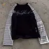 Atacado Transfronteiriço Europeu e Americano Camiseta de Manga Longa Outono Listras Pretas e Brancas Color Blocking Design Raglan Estampa Padrão Gola Redonda Top