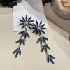 Aretes de aguja plateada con diamantes, diseño de flor ovalada de resina y gota de agua, estilo retro vintage, aretes versátiles