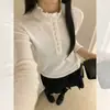 Camisa base de malha cinza estilo coreano com gola alta e renda para mulheres, design outono e inverno, suéter de nicho, blusa de manga comprida