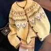 Jaqueta Cardigan Tricot Casual Color Block Retrô Estilo Hong Kong Outono Inverno, Blusa Moderna com Atmosfera Fair Isle, Suéter Feminino