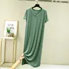 Novo vestido de verão plus size de manga curta em modal, vestido base de algodão modal com decote V em linha A emagrecedor, saia longa
