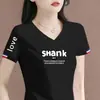Camiseta de Manga Corta con Cuello en V para Mujer de Comercio Exterior con Descuento, Estilo Coreano, Moderna, Corte Holgado, Adelgazante, Casual, Top de Moda