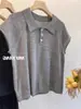 Polo Cinza Manga Curta Voadora Tricotado Seda Gelo Manga Curta Camiseta Feminina Verão Estilo Preguiçoso Elegante Solto Curto