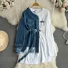 Cinto elegante estilo Hong Kong retrô acinturado com combinação de cores Vestido jeans estilo coreano chique casual de comprimento médio