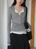 Cuello tipo Henry suave Tencel lana sentido del diseño falso dos piezas camiseta base top mujer otoño ropa interior camiseta de manga larga ajustada