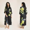 Bata de Satén Estampada de Verano para Mujer de Tallas Grandes Transfronteriza, Bata Larga Fresca de Lujo Ligero con Mangas de Tres Cuartos, Ropa de Casa Delgada para Mujer