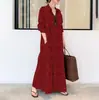 Destaque 2024 Europeu e Americano Algodão e Linho Estampado Gola Lapela Manga Longa Bolso Simples Solto Casual Camisa Longa Vestido