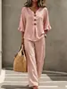 Nuevo conjunto casual de dos piezas para mujer transfronterizo europeo y americano con top de manga tres cuartos con volantes y cuello en V abotonado y pantalones largos