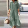 2026 Nuevo Estilo Europeo y Americano de Comercio Exterior Vestido Largo Irregular de Algodón y Lino con Cuello de Camisa y Botones Retorcidos Vestido Casual