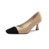 Elegante Versátil para o Trabalho Combinação de Cores Bico Quadrado Salto Agulha Primavera 2023 Novo Boca Rasa Couro Bovino Bico Preto Sapatos de Camada Única para Mulheres