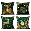 Funda de Cojín Navideña Verde Oscuro y Dorado de Lujo Ligero Funda de Almohada con Estampado de Reno y Guirnalda de Moda Funda de Almohada de Dibujos Animados para Sala de Estar y Dormitorio