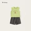 Roupa Infantil Yubao Terno de Menino Verão Gola Redonda Sem Mangas Camiseta Estampada Fofa Cor Sólida Personagem Shorts Casuais Infantis