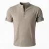 Camisa Henry moda callejera americana primavera y otoño nicho media cremallera gofrado color liso sin cuello manga corta camiseta para hombre