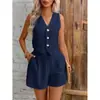 Conjunto de Chaleco y Shorts de Lino Estilo Europeo y Americano Transfronterizo para Primavera/Verano Casual de Oficina Chaleco de Botones Delanteros Cuello V Ropa de Verano