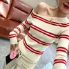 Al por mayor transfronterizo otoño e invierno hilo de mecha sexy hombros descubiertos hombro diagonal rayado manga larga tejido base para mujer suéter exterior