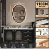 Conjunto de Mueble de Baño de Madera de Caucho de Estilo Francés Retro con Media Pared, Cesta de Almacenamiento Lateral Extraíble y Lavabo de Cerámica Integrado