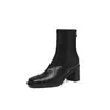 Botas de Cano Curto Elásticas Pretas de Salto Médio Chuyuji para Mulheres, Botas Slim de Salto Alto Bloco, Botas de Verão de Cano Único, Botas Martinas de Bico Quadrado