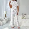 Pijama de Mujer Estilo Europeo y Americano Transfronterizo Otoño e Invierno Sexy Cuello en V Encaje Estampado de Cerezas Camiseta Pantalón Ajustado Ropa para el Hogar
