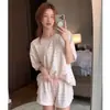 Pijama Rayado de Cuello Redondo Estilo Coreano para Mujer Primavera Verano Versátil Holgado Adelgazante Manga Corta Shorts Ropa para el Hogar Tallas Grandes Conjunto