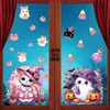 Patrón de gato mago de calabaza rosa y fantasma de té de leche de Halloween rosa macarrón y morado pegatinas electrostáticas para decoración de ventana de dormitorio