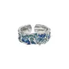 Anillo Abierto de Plata de Ley S925 756 Menta Mambo con Diseño de Nicho, Superficie de Textura Irregular, Textura de Esmalte Goteante para Mujer